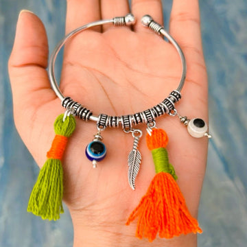 Boho Evil Eye Tassel Silver Bracelet