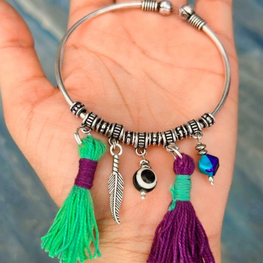 Boho Evil Eye Tassel Silver Bracelet