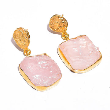 Rose Quartz Rough 18K Gold Plated Earrings