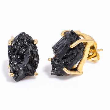 Black Tourmaline Rough 18K Gold Plated Stud Earrings