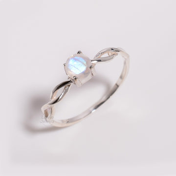 Natural Round Cut Rainbow Moonstone Minimalist Ring 925 Sterling Silver Ring