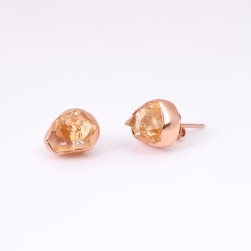 Raw Citrine 925 Silver Rose Gold Plated Stud Earrings