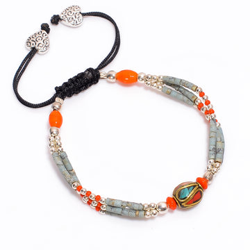 Turquoise & Coral Tibetan Silver Adjustable Bracelet