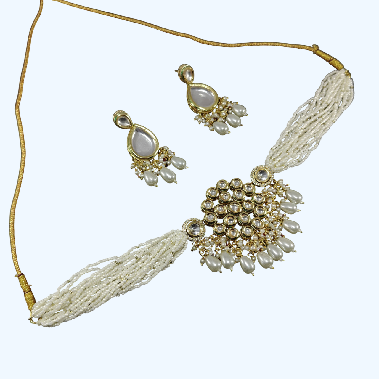 Kundan White Bead Choker With Earrings