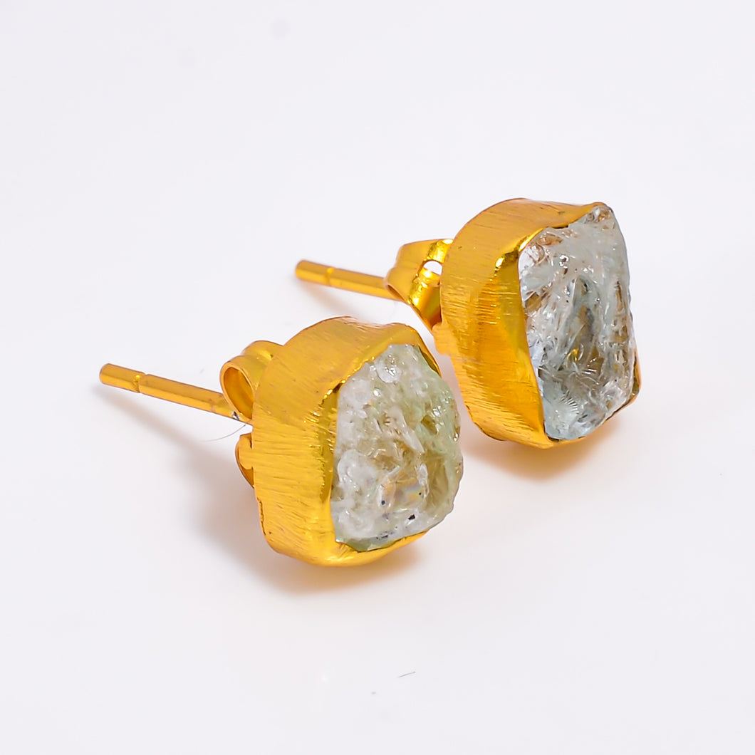 18K Gold Plated Brass Earrings Natural Rough Aquamarine Gemstone Stud Earrings