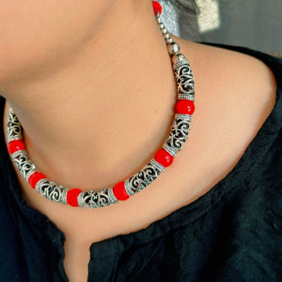 Red Bead Silver Choker