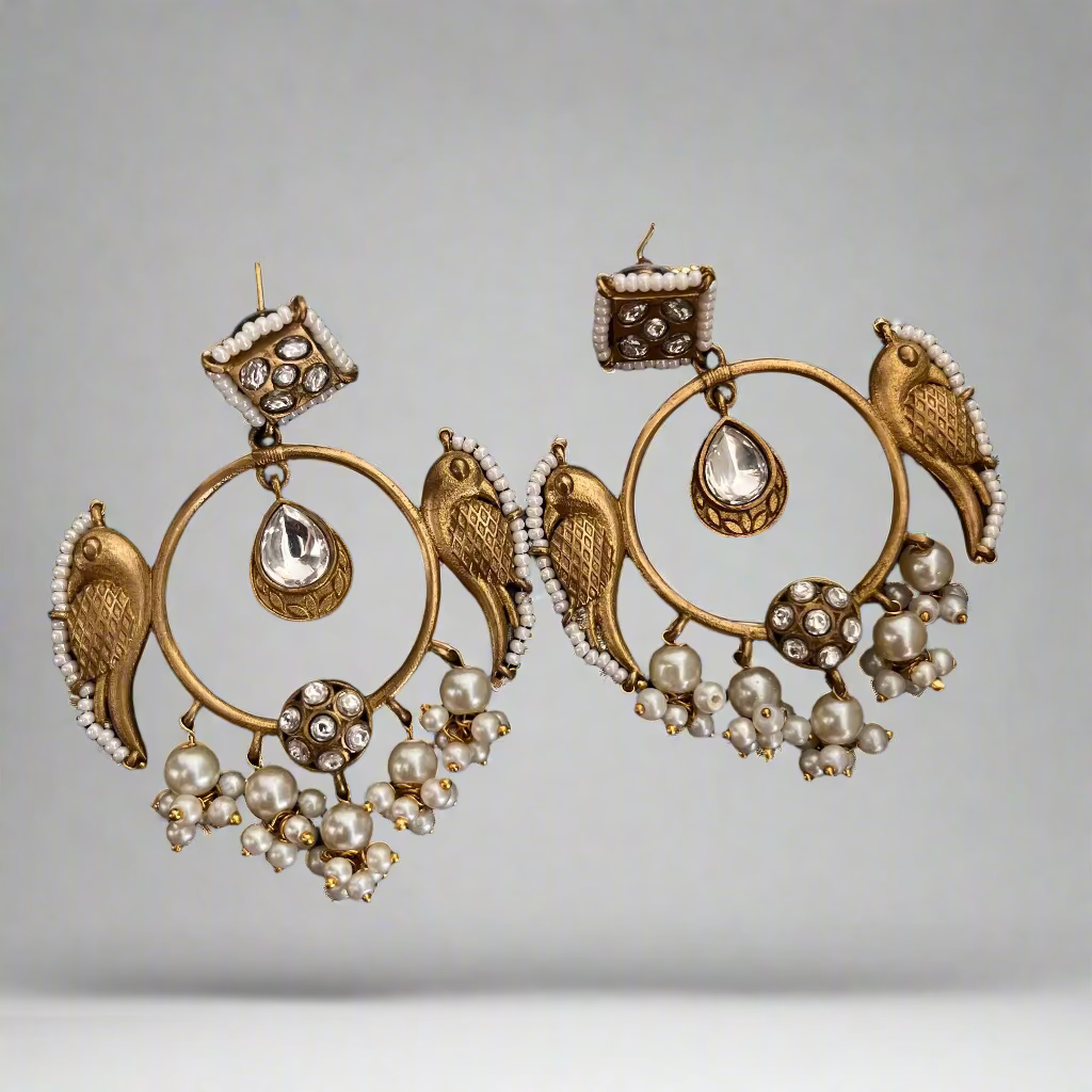 Antique Gold Finish Bird Motif Earrings with Pearls