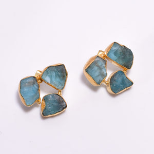 18K Gold Plated Brass Earrings Natural Rough Sky Apatite Gemstone Stud Earrings