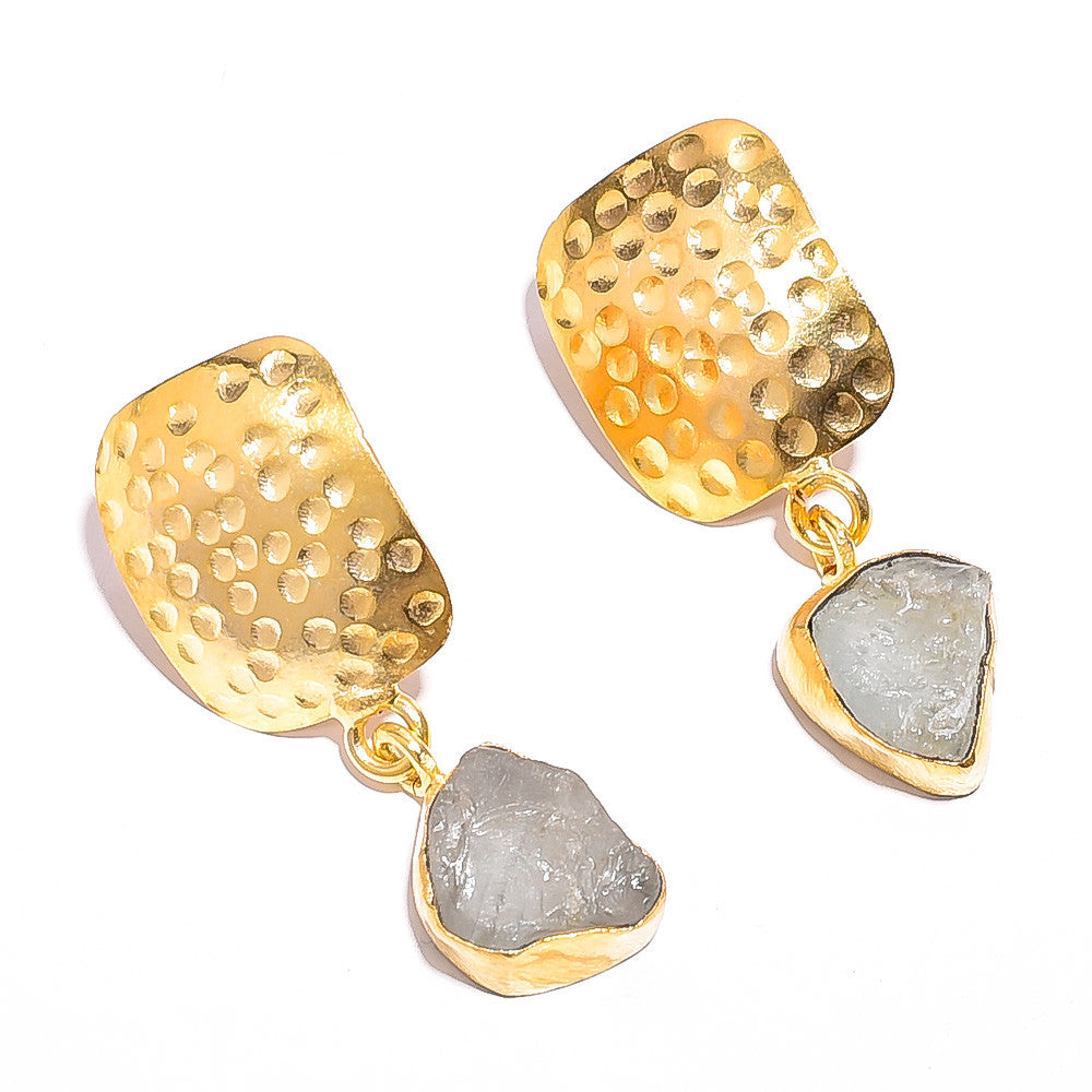 18K Gold Plated Brass Earrings Natural Rough Aquamarine Gemstone Earrings