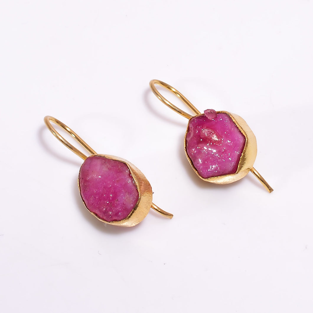 18K Gold Plated Brass Earrings Natural Rough Ruby Gemstone Earrings