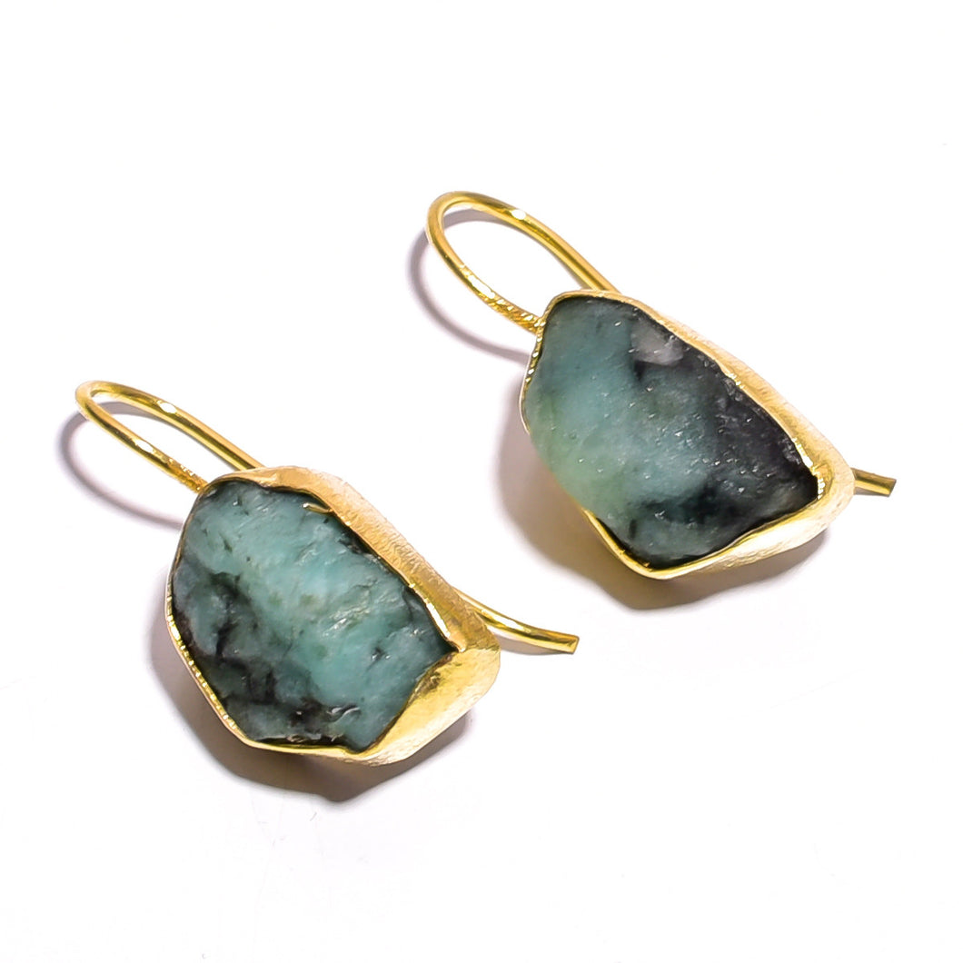 18K Gold Plated Brass Earrings Natural Rough Emerald Gemstone Earrings