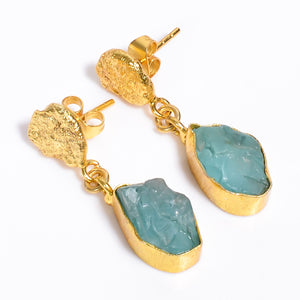 18K Gold Plated Brass Earrings Natural Rough Sky Apatite Gemstone Earrings