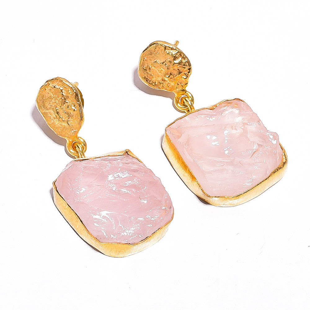 18K Gold Plated Brass Earrings Natural Rough Rose Quartz Gemstone Earrings
