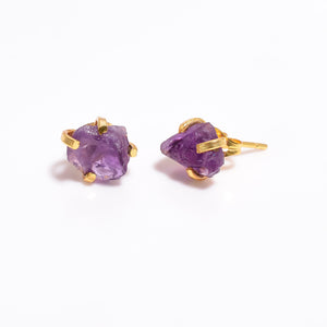 18K Gold Plated Brass Earrings Natural Rough Amethyst Gemstone Stud Earrings