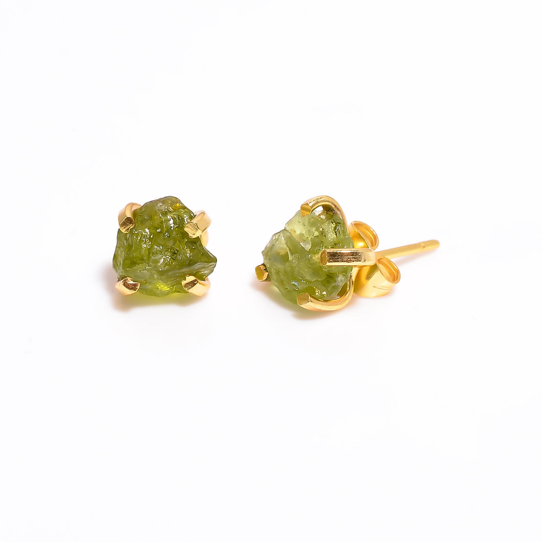 18K Gold Plated Brass Earrings Natural Rough Peridot Gemstone Stud Earrings