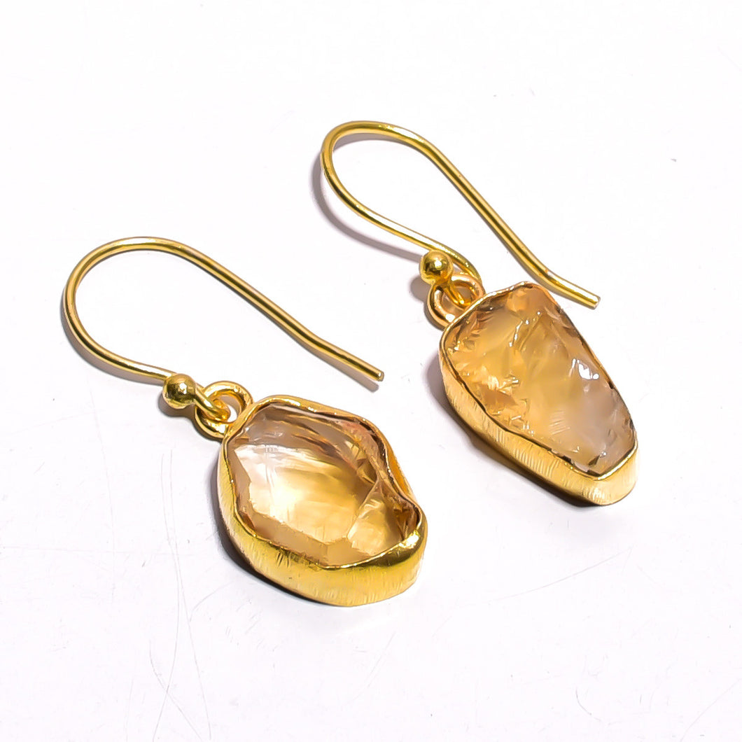 18K Gold Plated Brass Earrings Natural Rough Citrine Gemstone Earrings