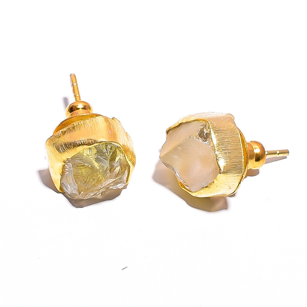 18K Gold Plated Brass Earrings Natural Rough Green Amethyst Gemstone Stud Earrings
