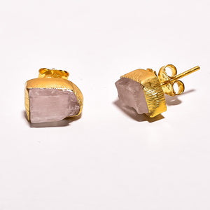 18K Gold Plated Brass Earrings Natural Rough Rose Quartz Gemstone Stud Earrings
