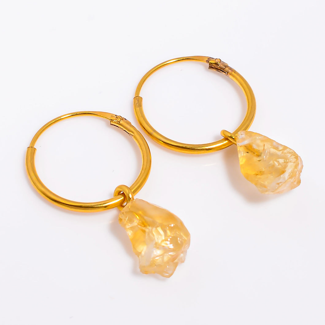 18K Gold Plated Brass Hoop Earrings Natural Raw Citrine