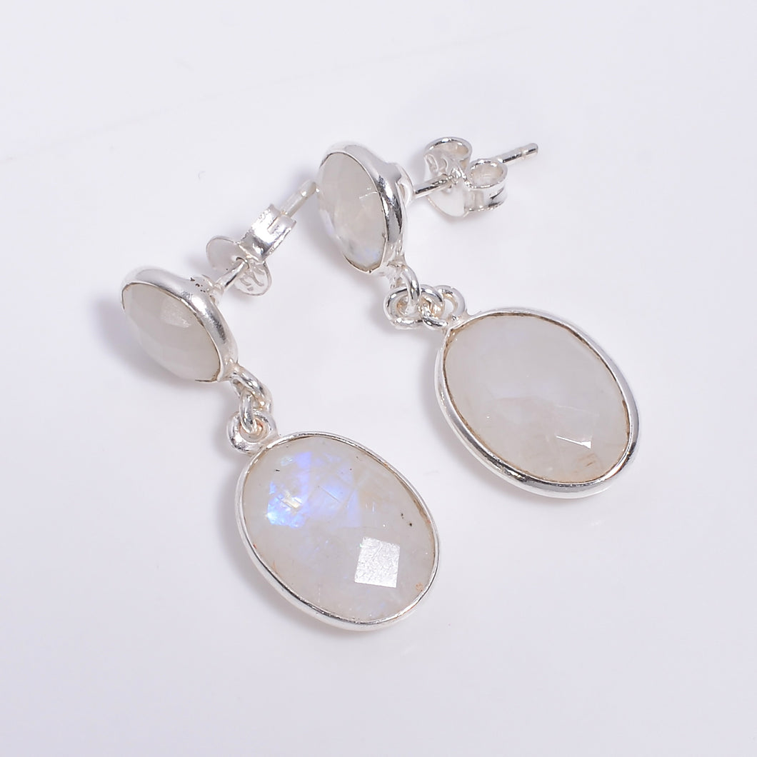 Natural Rainbow Moonstone Cut Gemstone 925 Sterling Silver Drop Earrings