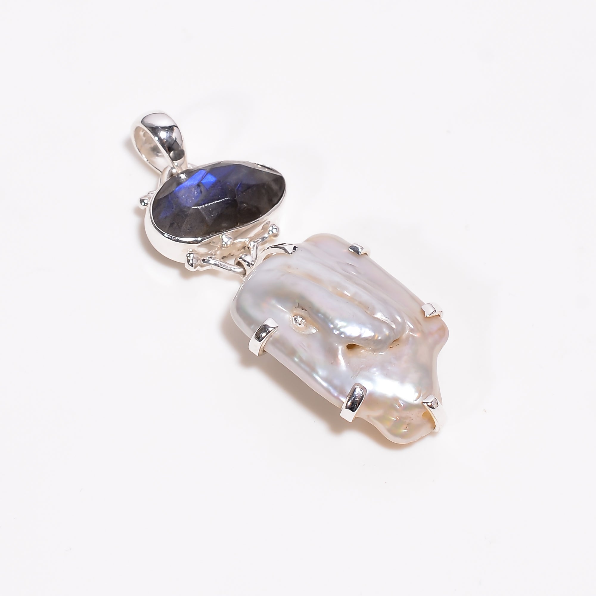Rose Cut Labradortie Baroque Pearl Gemstone 925 Sterling Silver Pendant