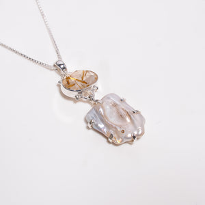 Rose Cut Golden Rutile Baroque Pearl Gemstone 925 Sterling Silver Chain Pendant Necklace