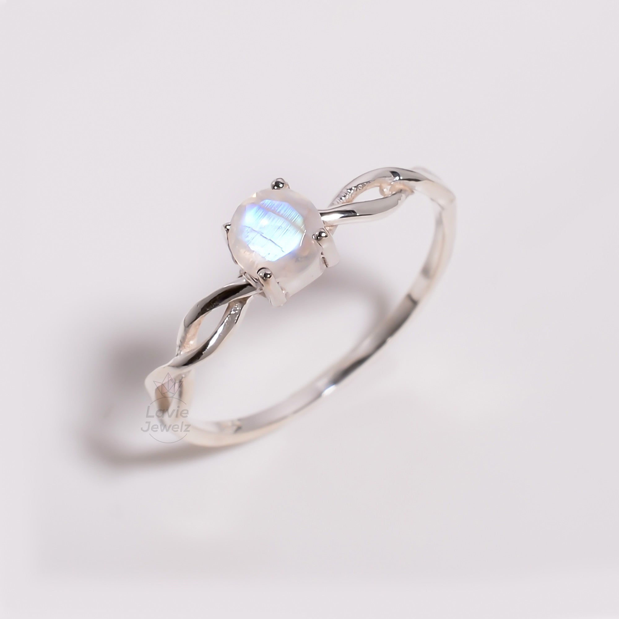 Natural Round Cut Rainbow Moonstone Minimalist Ring 925 Sterling Silver Ring