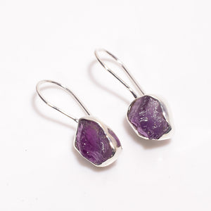 Natural Amethyst Raw Gemstone 925 Sterling Silver Earrings