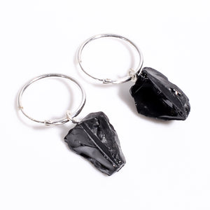 Natural Black Onyx Raw Gemstone 925 Sterling Silver Hoop Earrings