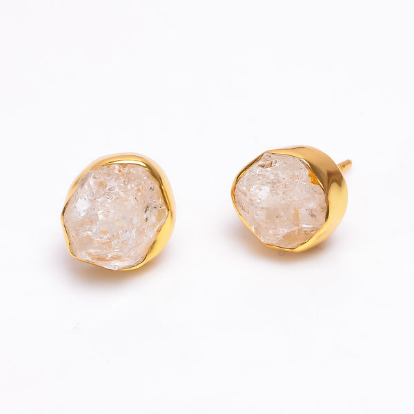Natural Herkimer Diamond 925 Sterling Silver Gold Plated Stud Earrings