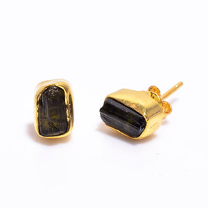 Black Tourmaline Raw Gemstone 925 Sterling Silver Gold Plated Stud Earrings