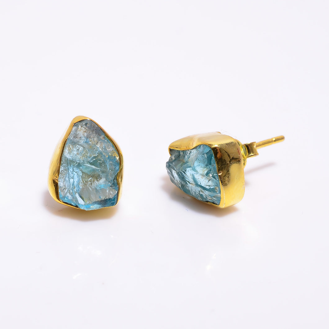 Sky Apatite Raw Gemstone 925 Sterling Silver Gold Plated Stud Earrings