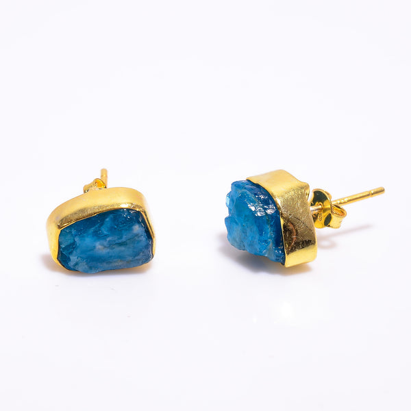 Neon Apatite Raw Gemstone 925 Sterling Silver Gold Plated Stud Earrings