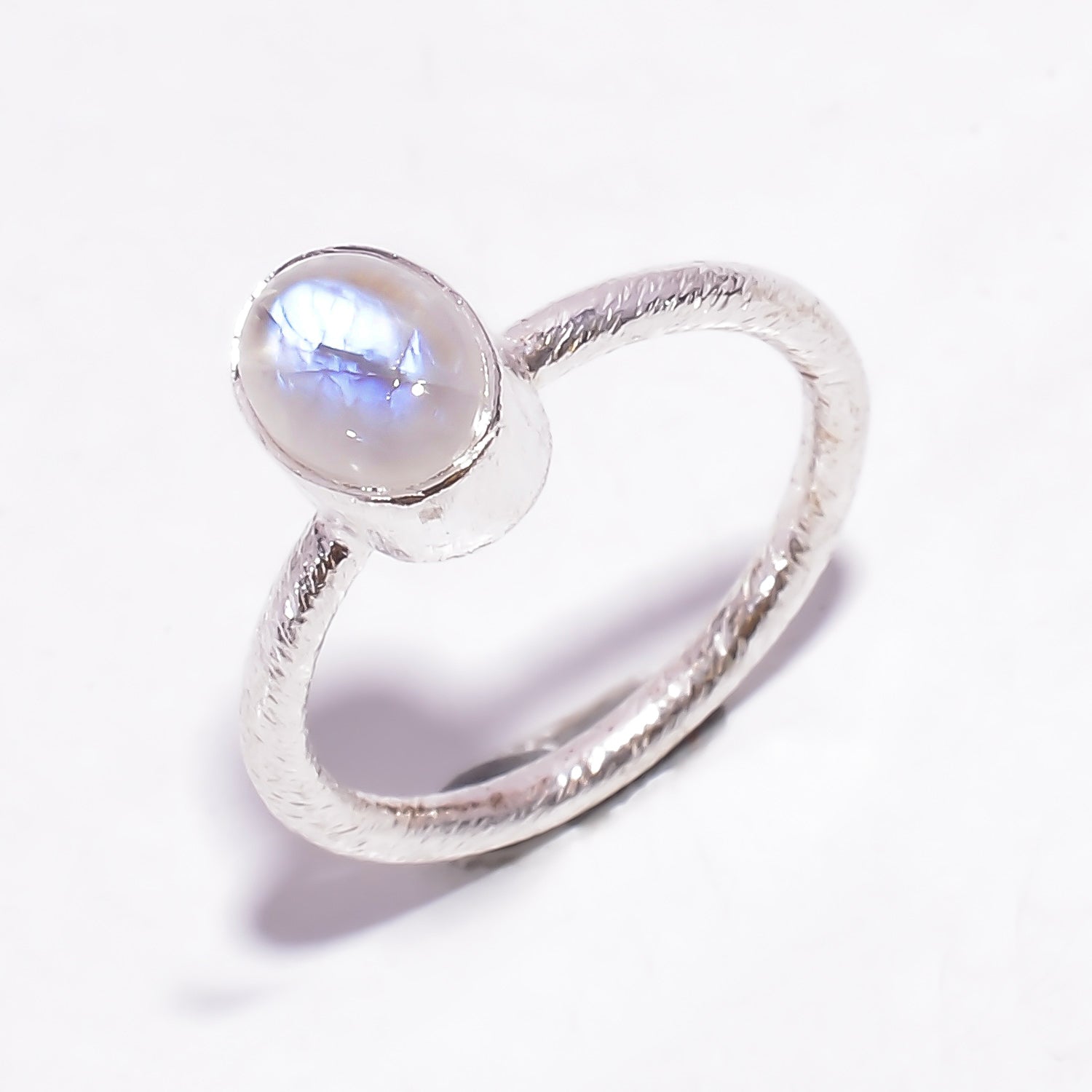 Natural Rainbow Moonstone 925 Sterling Silver Stackable Ring