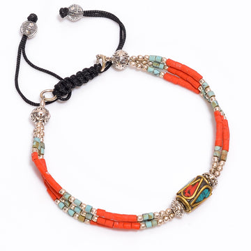 Turquoise & Coral Tibetan Silver Adjustable Bracelet