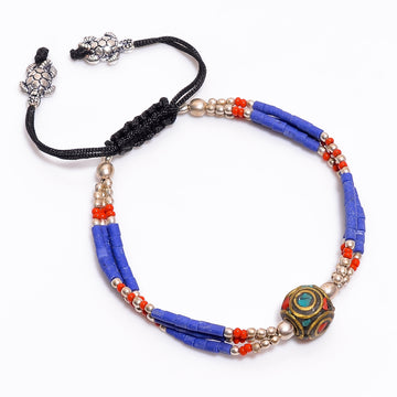 Lapis & Coral Tibetan Silver Adjustable Bracelet