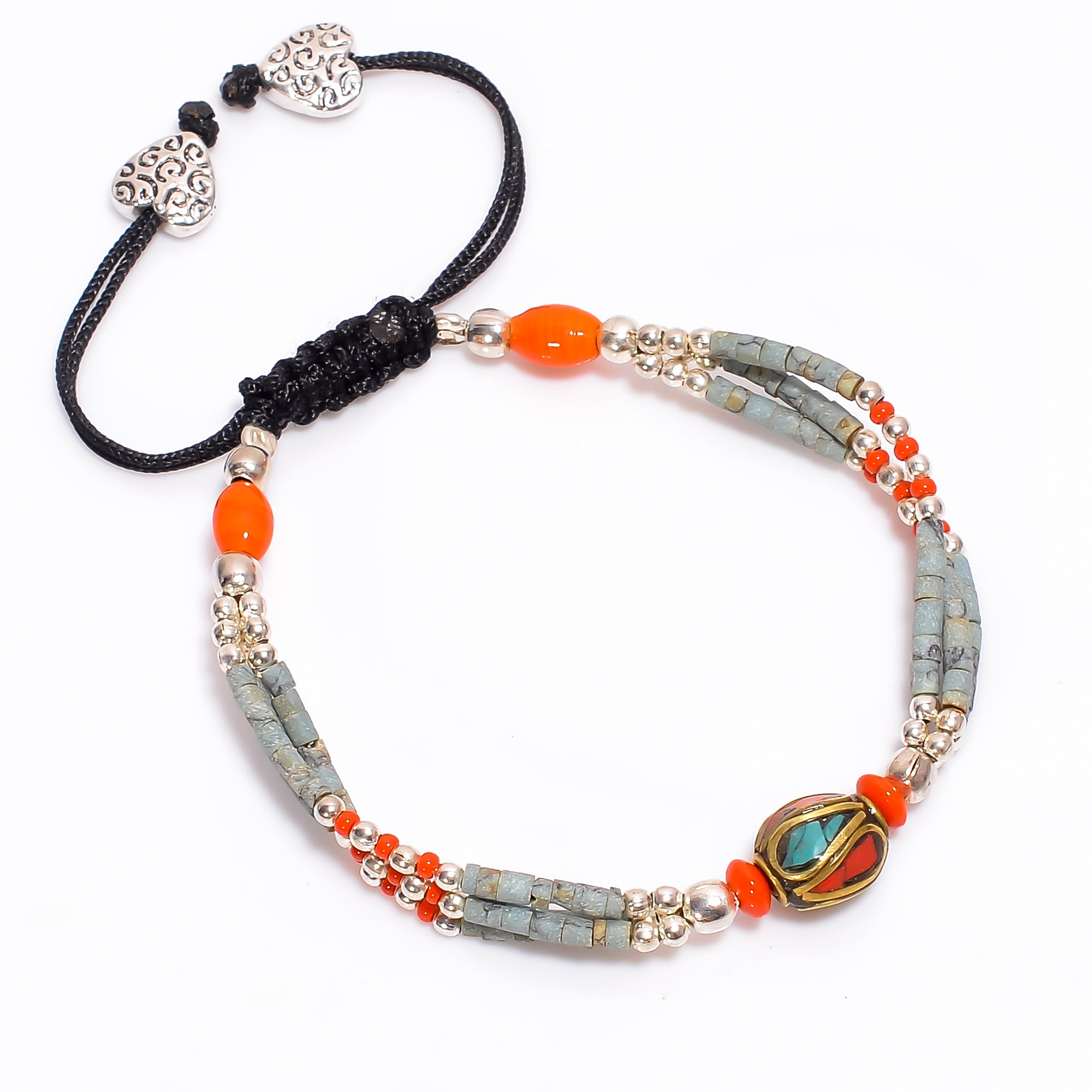 Turquoise & Coral Tibetan Silver Adjustable Bracelet