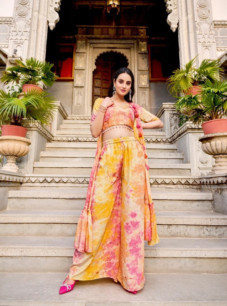Yellow Tie & Dye Indo Western Suit For Women