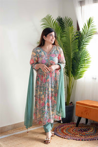 Green Colour Floral Alia Cut Party Wear Embroidery With Mirror Work Kurta With Pant And Duppata Set