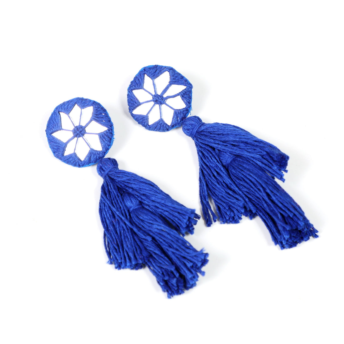 Blue Mirror Work-Tassel Earrings