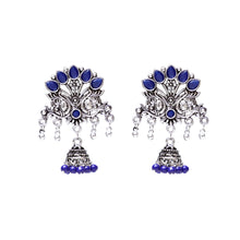 Peacock Jhumka Earrings Blue Stone