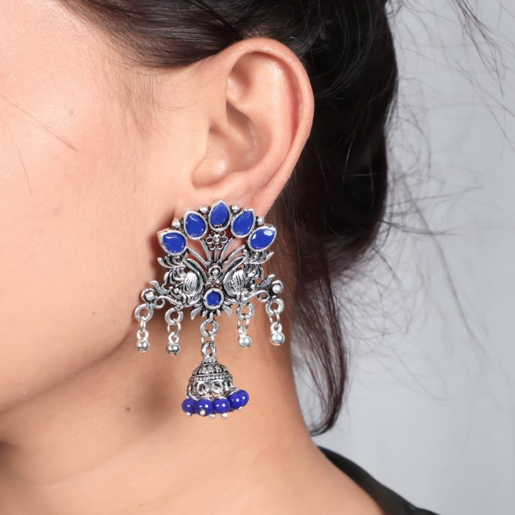 Peacock Jhumka Earrings Blue Stone