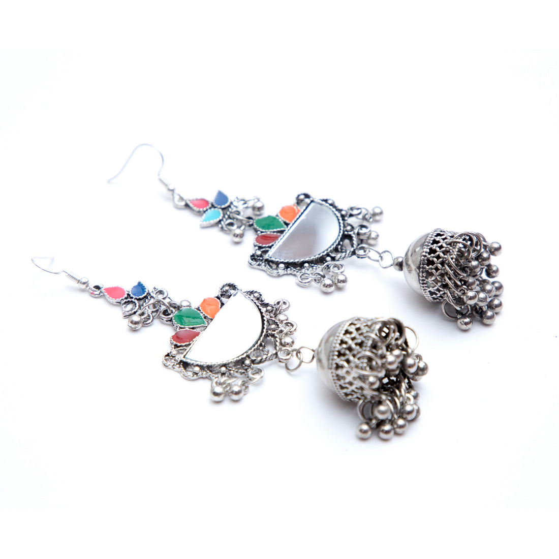 Long Mirror Jhumkas Silver