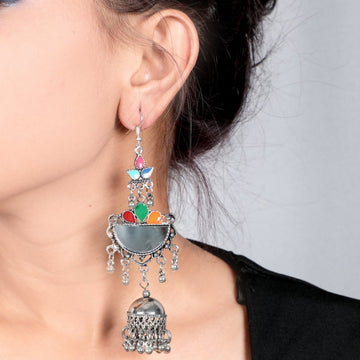 Long Mirror Jhumkas Silver
